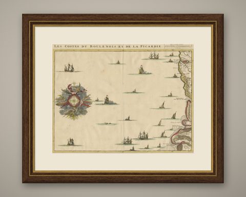 Antique Map of the French Coast at Boulogne and Picardy, shown framed