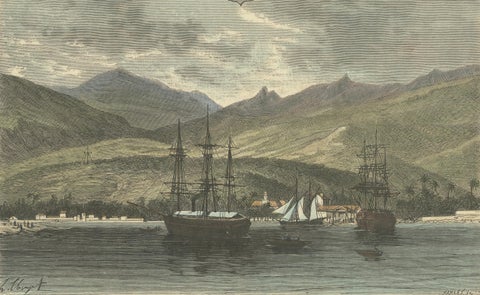 Rade de Taïti: 1883 Hand-Colored Engraving of Tahiti Harbor, La France Illustree, close-up 1