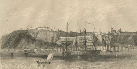 Antique View of Quebec City from the Water, Canadian Harbour Scene, c.1850, close-up 3