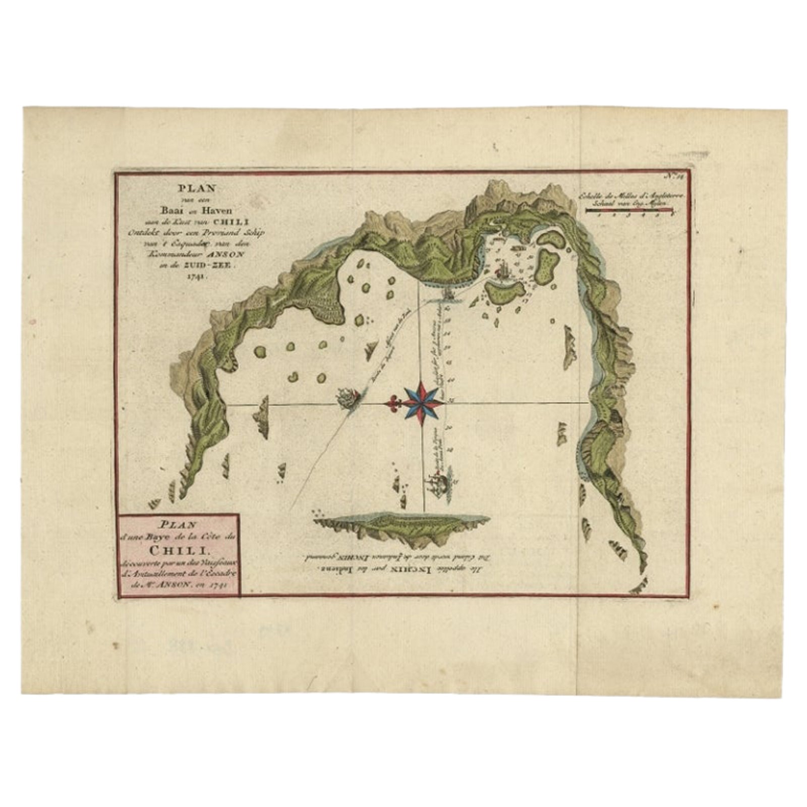 Chile Coast Bay Map, Antique 1749 Chart by Anson from Voyage Around the World