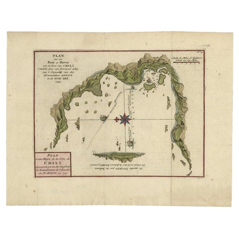 Chile Coast Bay Map, Antique 1749 Chart by Anson from Voyage Around the World