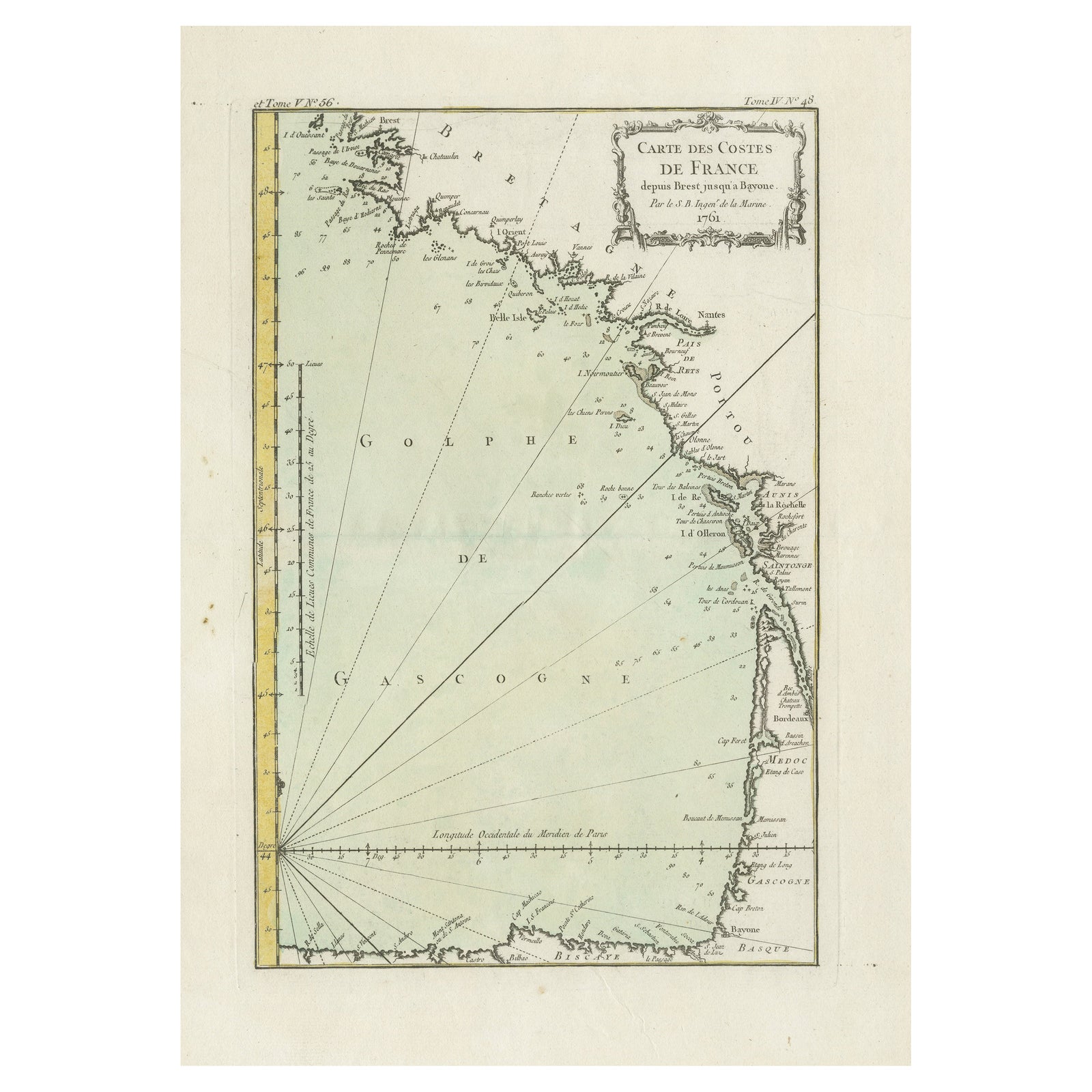 Antique Map of the Coast of France Between Brest and Bayonne