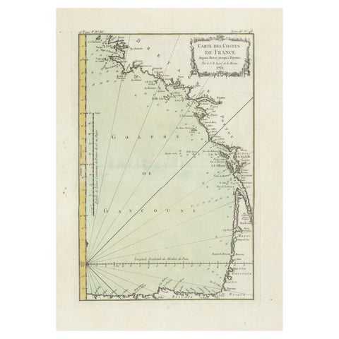 Antique Map of the Coast of France Between Brest and Bayonne