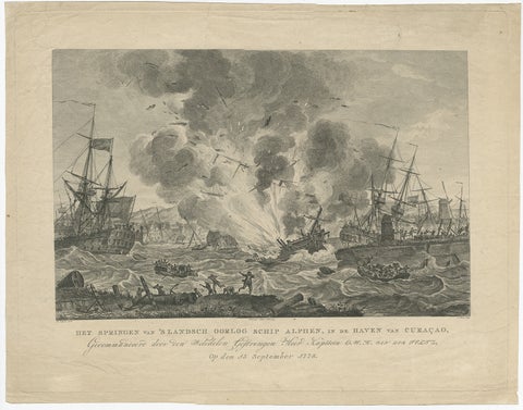 Antique Print of the Exploding of the 'Alphen' in the Harbour of Curacao, 1779, view 2