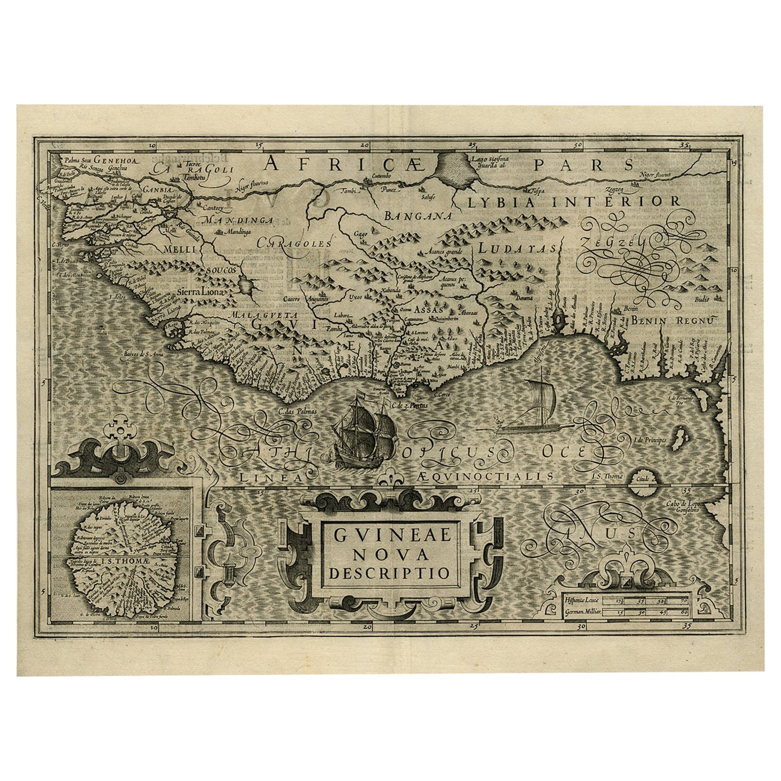 Old Decorative Map of the West African Coast & St. Thomae Island, c.1600