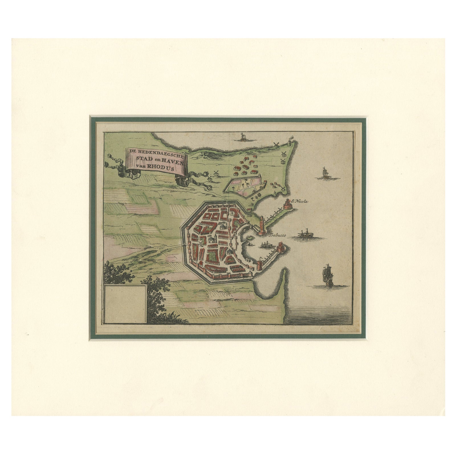 City and Harbour of Rhodes, Olfert Dapper, 1688 Hand-Coloured Engraving