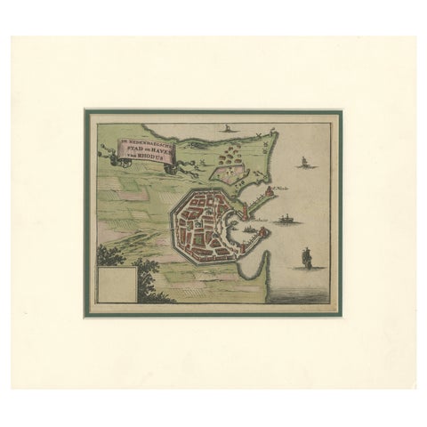 City and Harbour of Rhodes, Olfert Dapper, 1688 Hand-Coloured Engraving