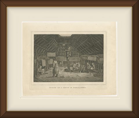 House in Oonalashka, Captain Cook Voyage, after Webber, Engraving, circa 1820, shown framed