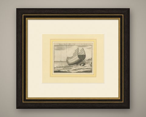 Antique Print of a Ship Launching by Pluche '1735', shown framed