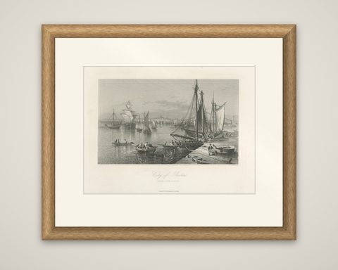 City of Boston, Harbor View from South Boston, Antique Maritime Engraving, 1870, shown framed