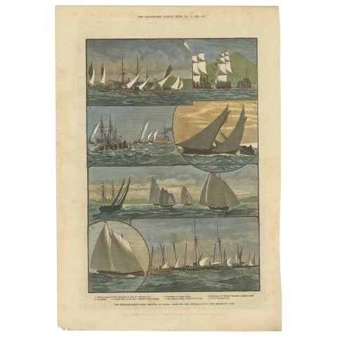 Antique Print of the Mediterranean Fleet Regatta at Palma, 1881, Colored