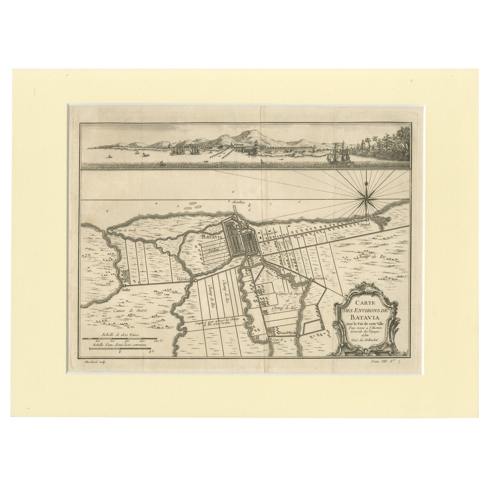 Old Engraving of Batavia 'Jakarta, Indonesia' with Map and Harbour View, 1750