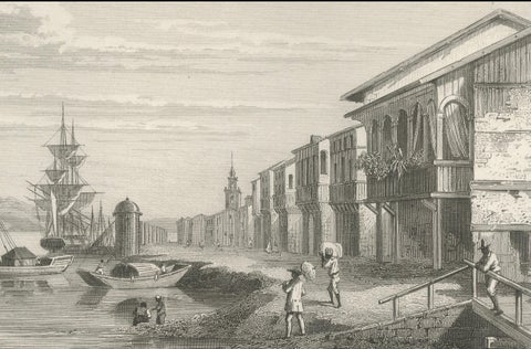 Antique Engraving of Guayaquil, Waterfront and Harbor City View, 1867, close-up 3