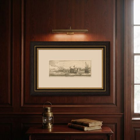 View of Fanar in the Aegean Archipelago with Bridge and Ships, ca. 1680, shown framed on a wall