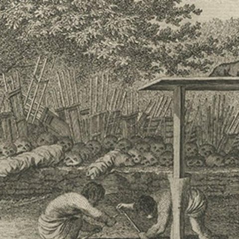 Human Sacrifice in a Morai, Tahiti, Cook Voyage Engraving c.1795, close-up 3