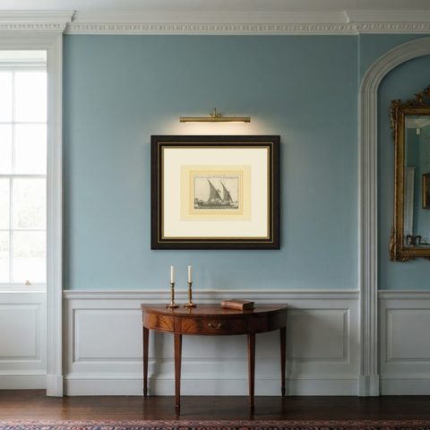 Antique Print of a Sailing Galley by Pluche '1735', shown framed in a room