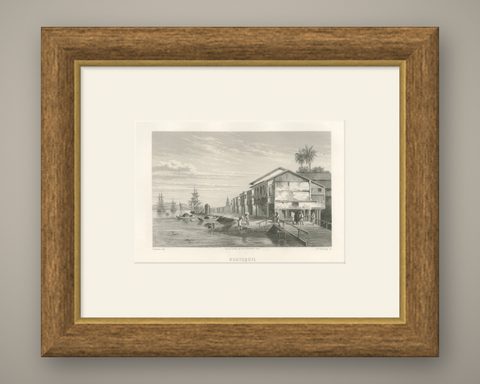 Antique Engraving of Guayaquil, Waterfront and Harbor City View, 1867, shown framed