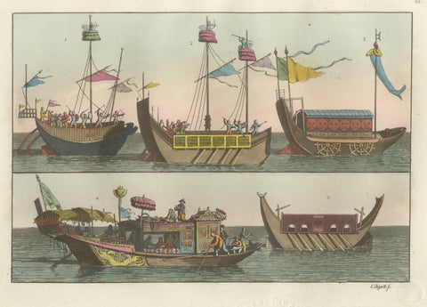 Chinese Boats and River Vessels, Hand-Coloured Ferrario Engraving, 1815, close-up 1