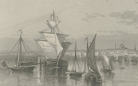 City of Boston, Harbor View from South Boston, Antique Maritime Engraving, 1870, close-up 4