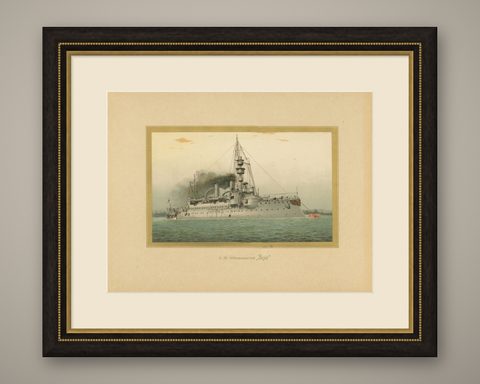 SMS Ägir: German Coastal Defense Ship, 1903 Chromolithograph, shown framed