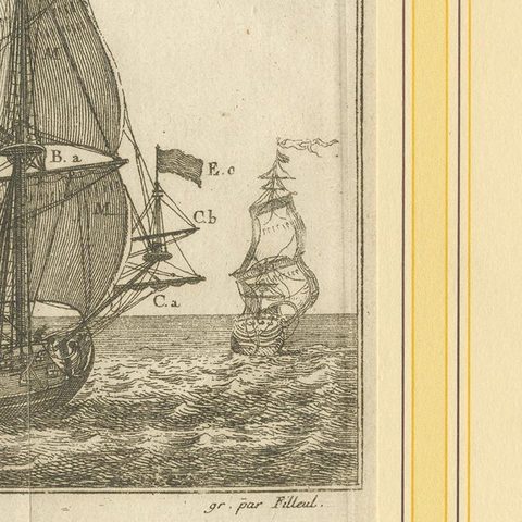 Antique Print of a Vessel with All the Sails by Pluche '1735', close-up 1