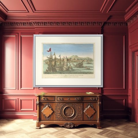 Naval Battle Off St. François (Campeche, Mexico), ca. 1780, shown framed in a room