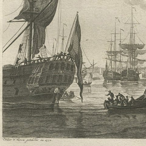 Old Print of VOC Ships in the Sea Near Batavia (Jakarta, Indonesia), 1779, close-up 2