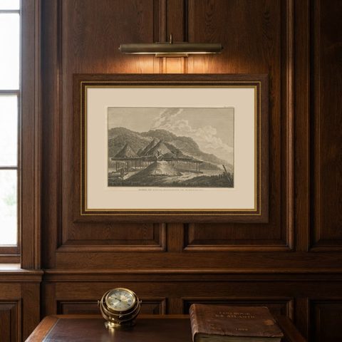 Summer & Winter Houses, Kamchatka, Cook Voyage Engraving c.1803, shown framed on a wall