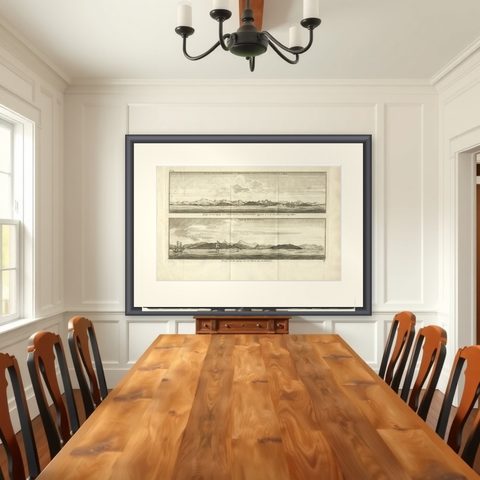 Antique Print of Zihuatanejo and the Harbour of Acapulco by Anson '1749', shown framed in a room