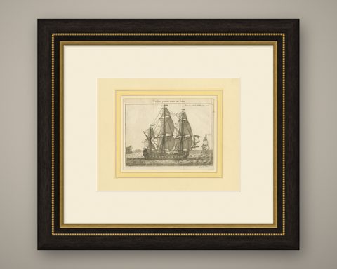 Antique Print of a Vessel with All the Sails by Pluche '1735', shown framed