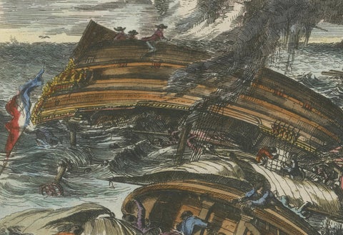 Capsizing Warships, Hand-Colored Etching of Schouten’s East Indian Voyage, 1676, close-up 2