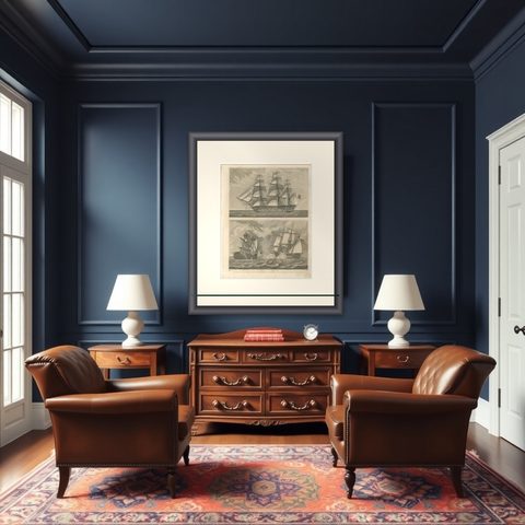 Antique Sea Battle Print Between an American and a British Ship, 1847, shown framed in a room