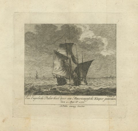 American Privateer Captures an English Packet Boat, 1777 Maritime Engraving, close-up 1