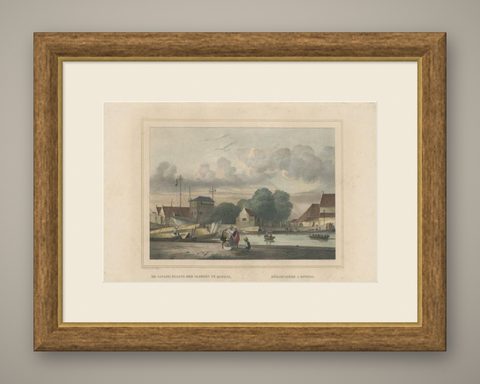 Antique Print of a Loading Dock in Batavia, Dutch East Indies, 1844, shown framed