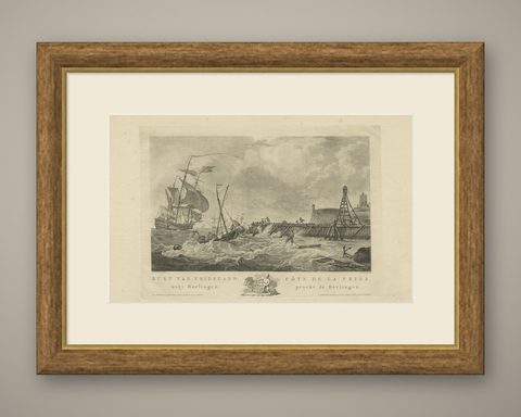 Antique Print of the Coast of Harlingen, Harbour in Friesland, circa 1780, shown framed