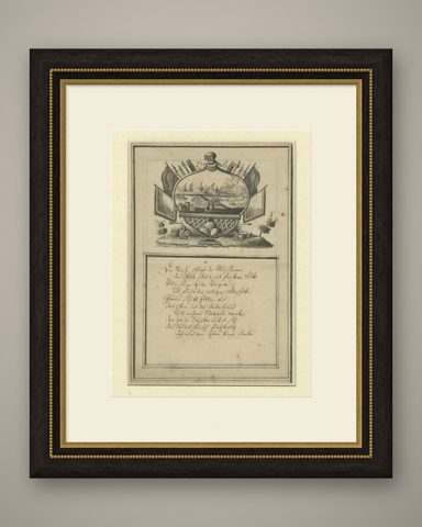 18th-Century German Engraving, Allegory of War, Poem & Naval View, shown framed