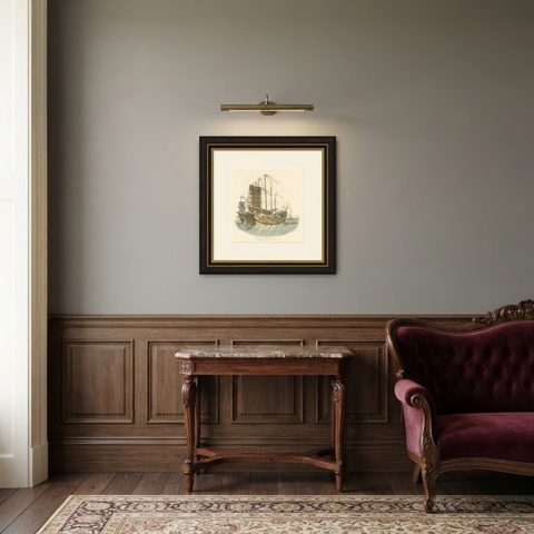 Antique Print of Chinese Junks or Merchant Ships, 1827, shown framed in a room