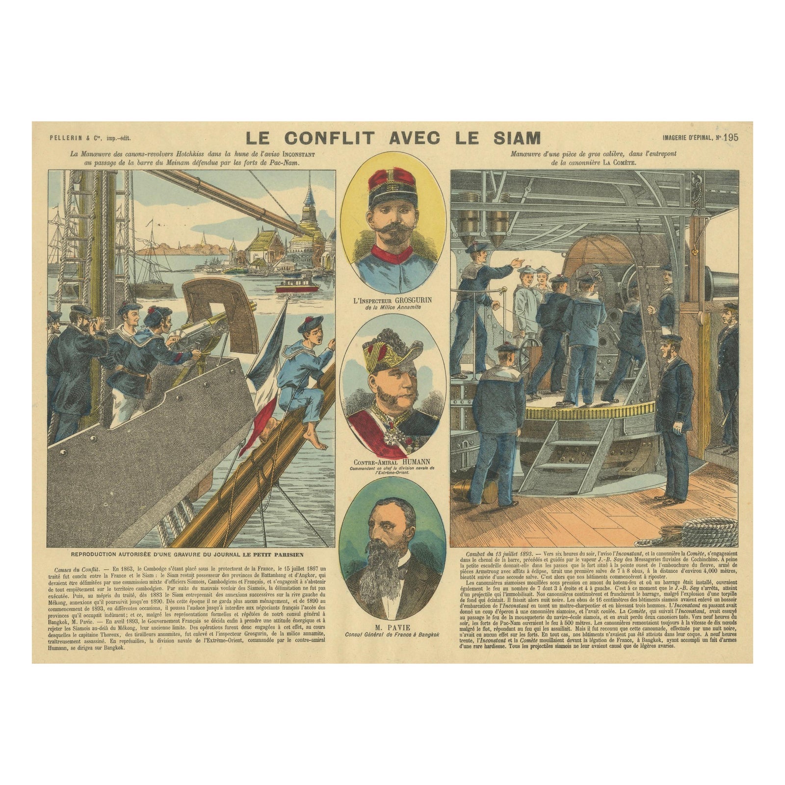 Conflict with Siam, a French Naval Action Scene, Épinal Colonial Print, 1893