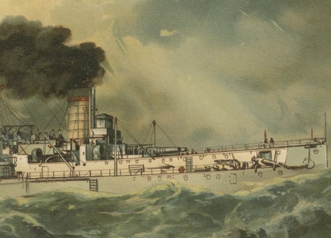 SMS Baden: German Coastal Defense Ship in Turbulent Seas, 1903 Chromolithograph, close-up 1