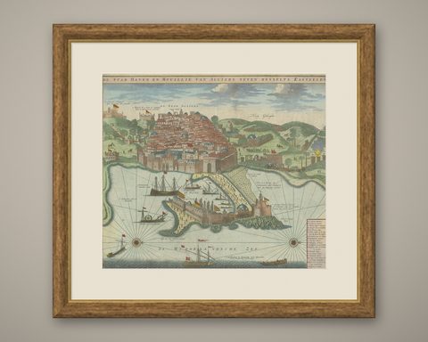 Antique Print of the Port and City of Algiers by Van Keulen, circa 1720, shown framed