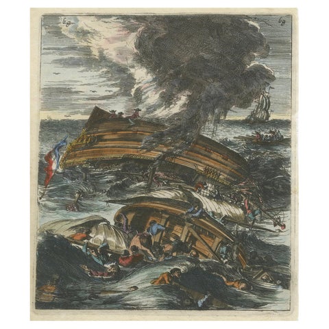 Capsizing Warships, Hand-Colored Etching of Schouten’s East Indian Voyage, 1676