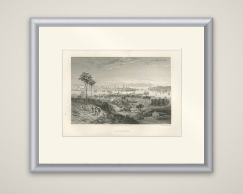 Rare Antique Engraving, Valparaíso, Chile Harbor and City Scene, 1867, shown framed