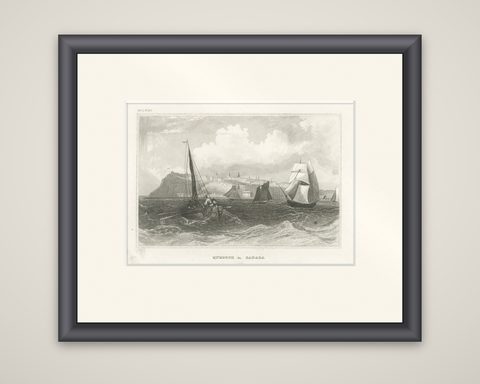 Quebec City Canada Harbor View, Antique Steel Engraving St. Lawrence River 1854, shown framed