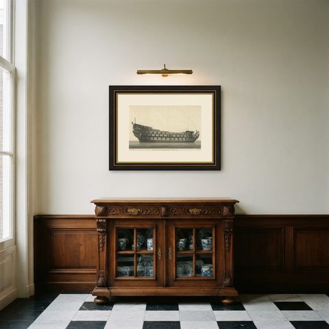 Antique Print with a Side View of the 'Royal Charles' Vessel by Newton '1796', shown framed in a room