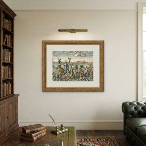 Antique Satirical Print showing Mermaids about the Port of Enkhuizen, circa 1720, shown framed on a wall