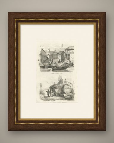 Antique Print of Chinese Boats and a Chinese Village by Dumont d'Urville '1834', shown framed