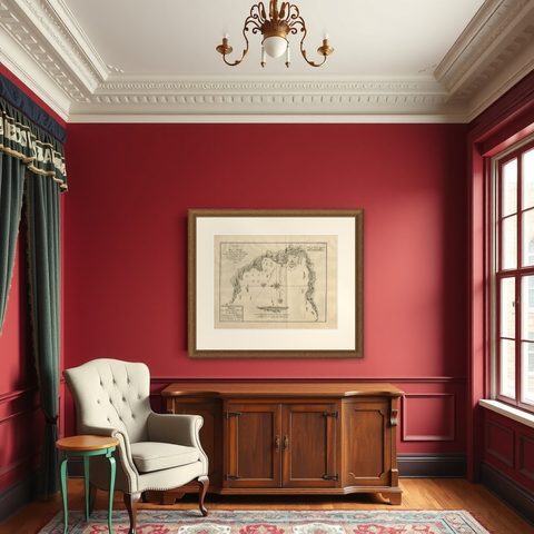 Antique Map of a Bay on the Coast of Chile, South America, c.1749, shown framed in a room