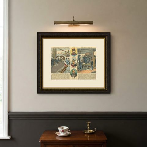 Conflict with Siam, a French Naval Action Scene, Épinal Colonial Print, 1893, shown framed on a wall