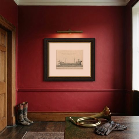 Original Antique Print of an Ancient Galley, 1802, shown framed on a wall
