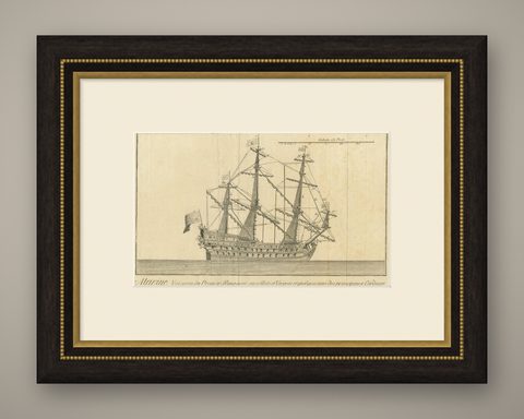Antique Print of a Three-Masted Man-of-War, circa 1770, shown framed